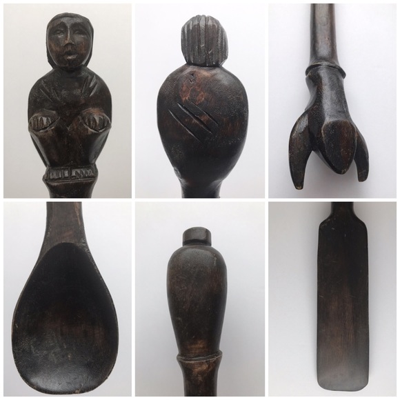 HAND CARVED Primitive Wood Vintage Utensils Set of 4 - Picture 8 of 8